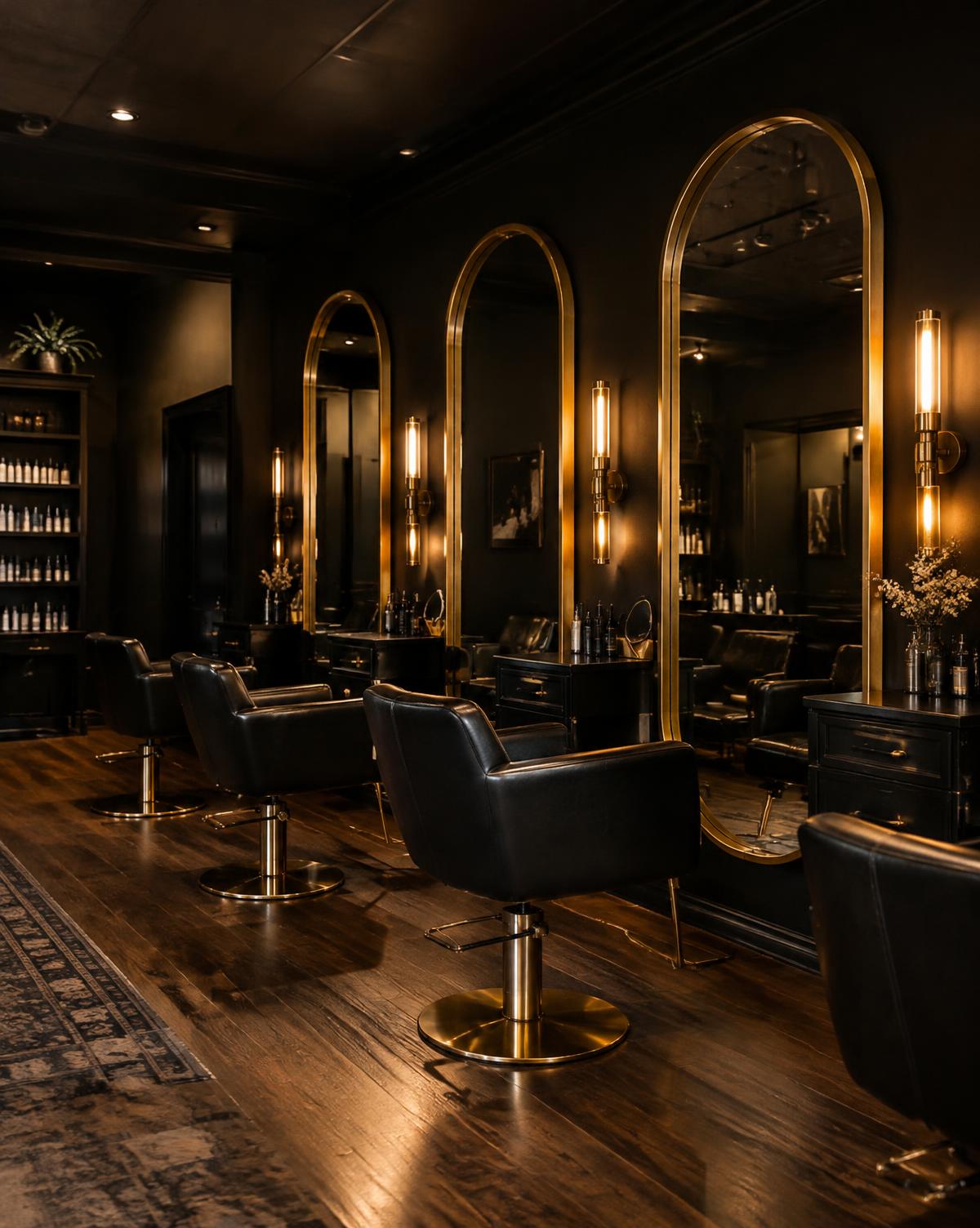 Salon interior with gold arched mirrors